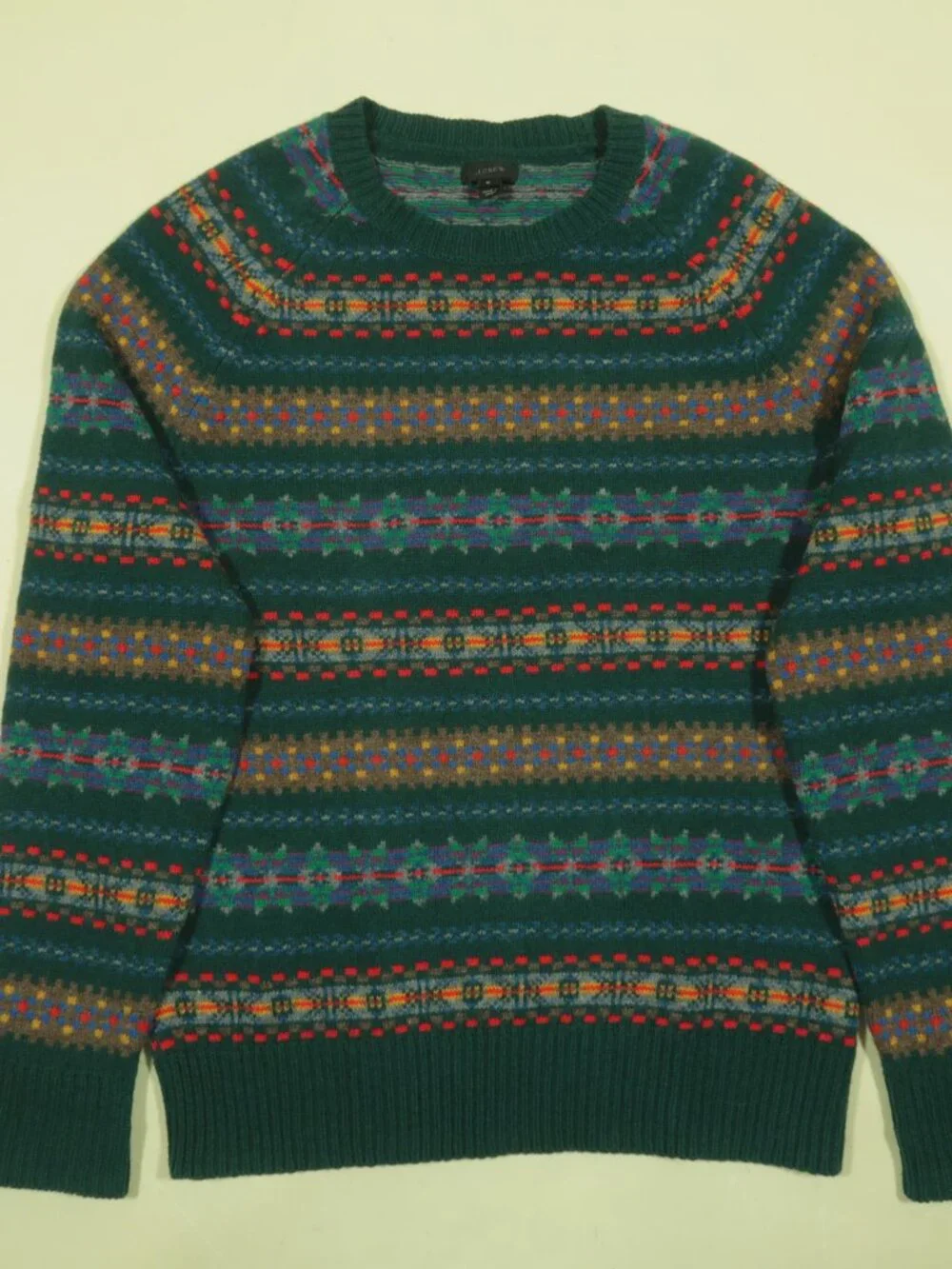 J Crew Lambs Wool Fair Isle Sweater Mens S Teal Green Multi Ribbed Hems New